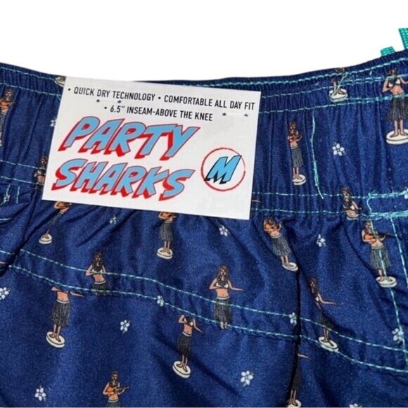 Party Sharks Hula Girl Swim Trunks Quick Dry 6.5" Inseam Blue Hawaiian Print - Picture 6 of 9
